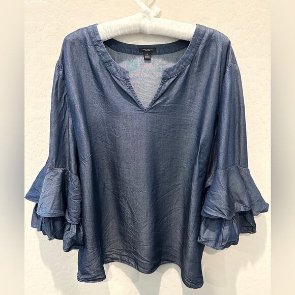 ANN TAYLOR FACTORY | Blue Lyocell Ruffle Sleeve Blouse Top | XL - Picture 2 of 7